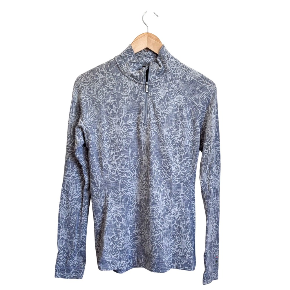 Smartwool Women Merino 250 Top Large Gray Floral Gorpcore Hiking Thermal 1/4 Zip